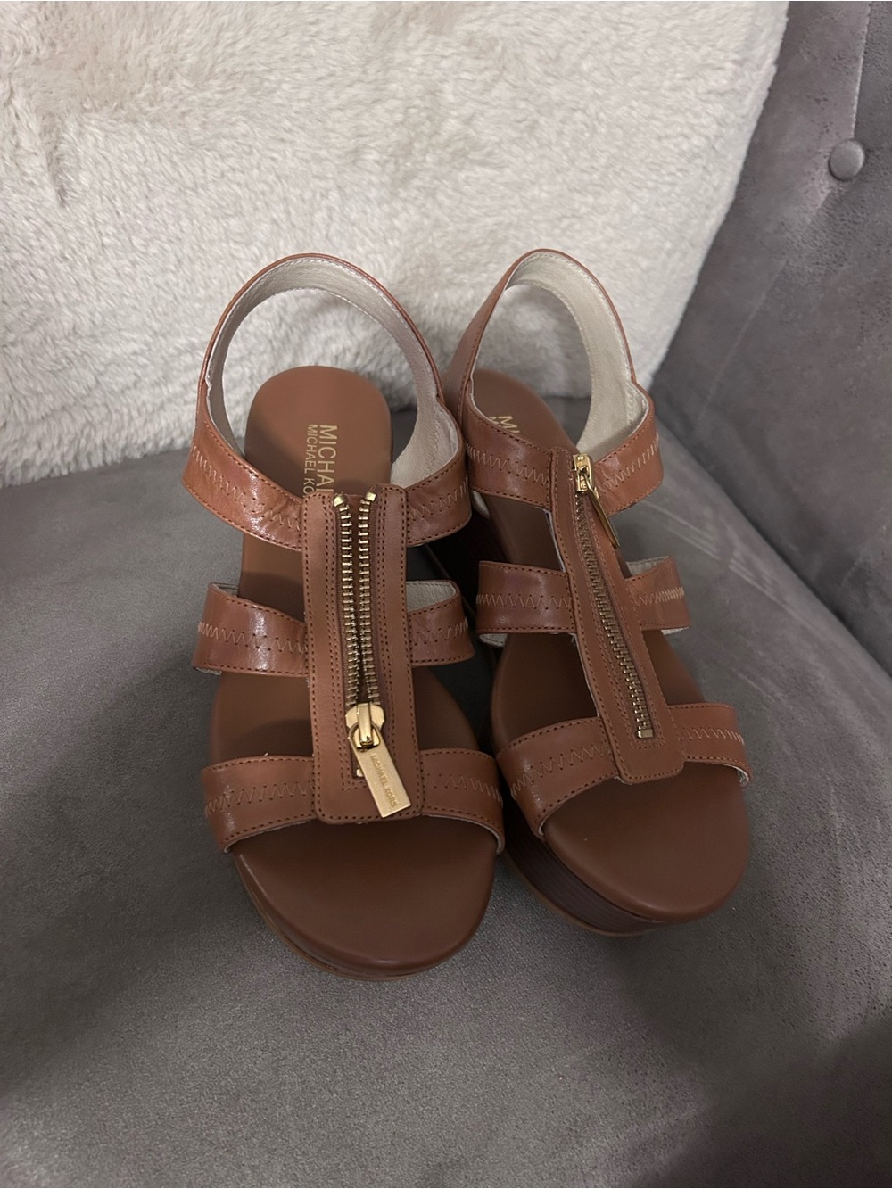 Michael Kors Brown Leather Zip-Front Strappy Sandals
